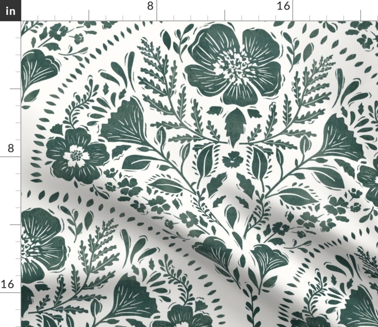 Dark Teal Floral Block Print Botanical Cottagecore Linocut Moody Scalloped Flowers Custom Printed Fabric by Spoonflower Various Fabrics by the Yard or Fat Quarter
